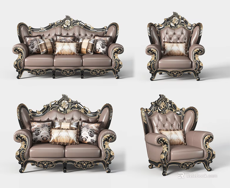 Luxury Classical Sofa Set With Ornate Carved Details Gold Accents Leather Upholstery And Decorative Pillows 3d model 