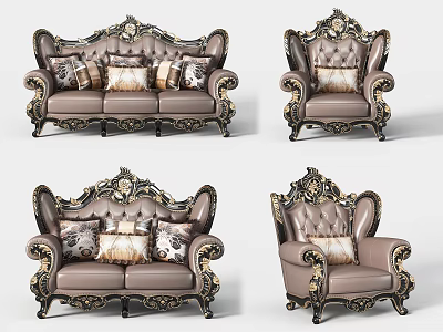Luxury Classical Sofa Set With Ornate Carved Details Gold Accents Leather Upholstery And Decorative Pillows 3d model