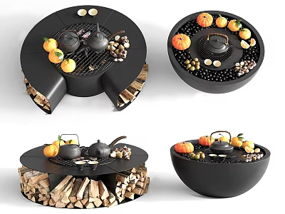 Modern Round Fireplace Interior Decorated With Fresh Fruits Teapots And Stacked Firewood 3d model