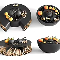 Modern Round Fireplace Interior Decorated With Fresh Fruits Teapots And Stacked Firewood