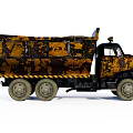 Old Rusty Yellow And Black Dump Truck With Worn Camouflage Design And Headlights