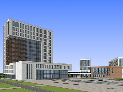 Modern Office Building Complex With High Rise Low Rise Glass Curtain Walls And Open Plaza 3d model