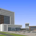 Modern Office Building Complex With High Rise Low Rise Glass Curtain Walls And Open Plaza