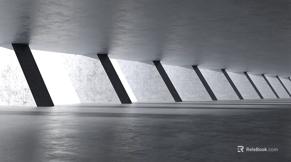 Spacious Modern Industrial Interior With Concrete Walls Slanted Pillars Light Beams And Smooth Floor 3d model 