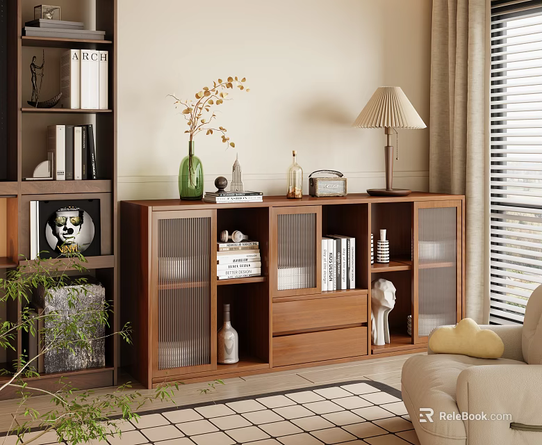 Stylish Living Room Interior With Wooden Display Cabinet Books Decorations And Floor Lamp 3d model 