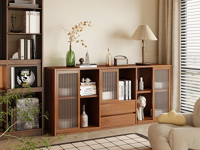 Stylish Living Room Interior With Wooden Display Cabinet Books Decorations And Floor Lamp 3d model