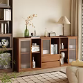 Stylish Living Room Interior With Wooden Display Cabinet Books Decorations And Floor Lamp