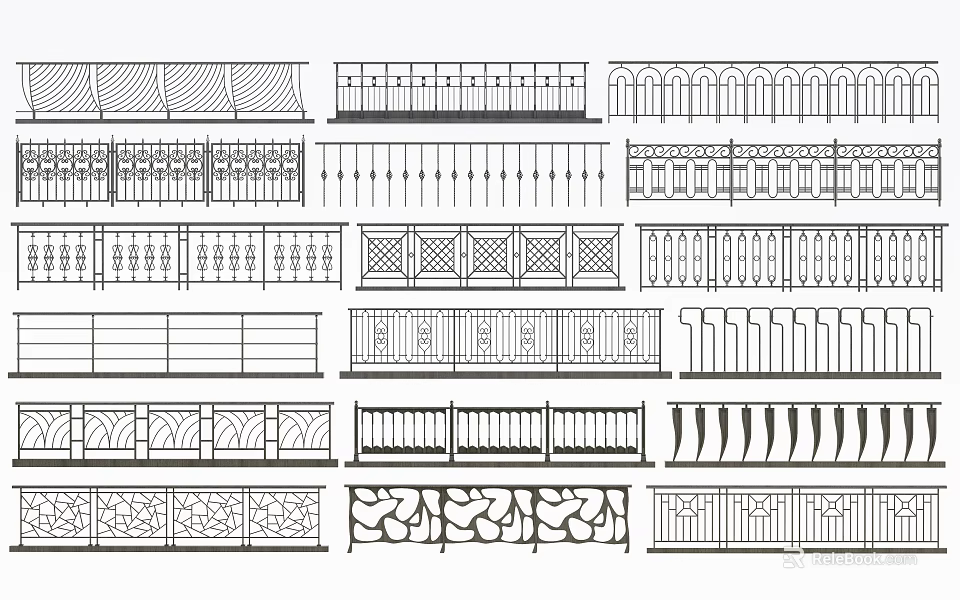 Various Decorative Iron Fence Designs Featuring Detailed Ornamental Patterns and Classic Styles 3d model 