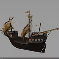 Ancient Sailing Ship As Water Transport With Yellow Sails Red Patterns And Decorative Masts