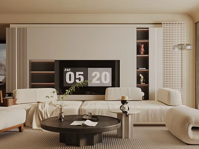 Modern Living Room Interior Design With Sofa Coffee Table TV Fireplace And Decorative Shelves 3d model