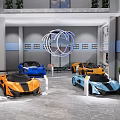 Bright Modern Auto Showroom Featuring Multiple Cars SUVs And Wheel Displays