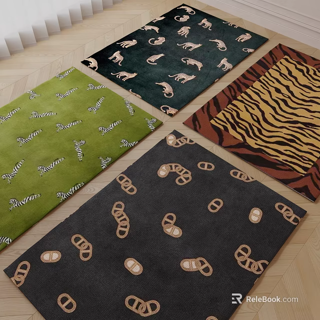 Assorted Square Rugs Featuring Zebra Tiger Stripes Banana And Circular Patterns 3d model