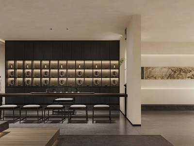 Modern Teahouse Interior With Display Wall And Seating 3d model