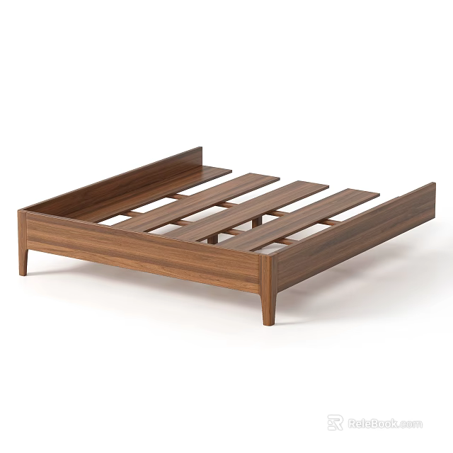Modern Wooden Bed Frame With Slat Support And Walnut Finish Design 3d model 