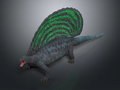Dimetrodon Prehistoric Reptile With Green Striped Sail Open Mouth Dark Body 3d model