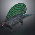 Dimetrodon Prehistoric Reptile With Green Striped Sail Open Mouth Dark Body