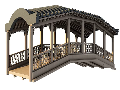 Chinese Classical Landscape Bridge With Wooden Structure Traditional Tiled Roof And Carved Railings 3d model