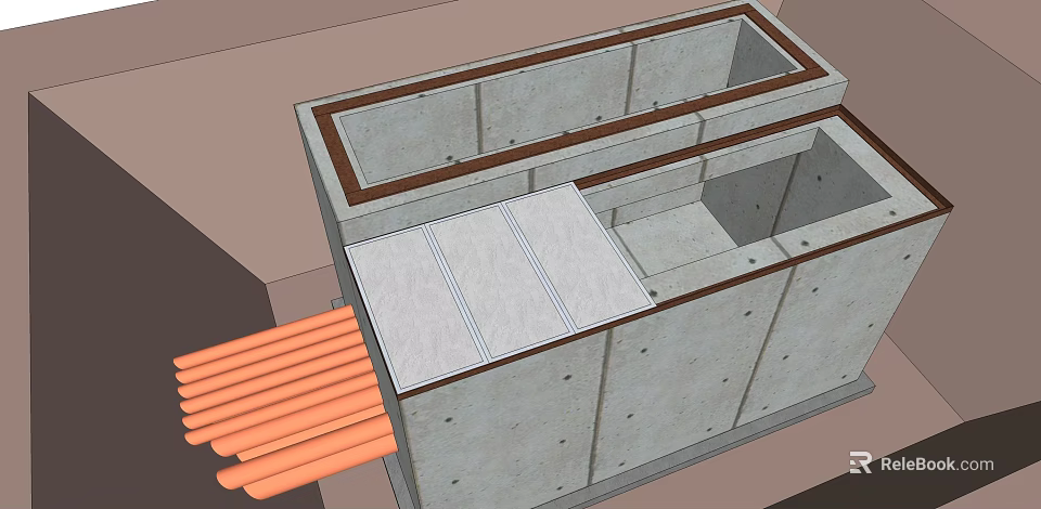 Road Infrastructure Concrete Drainage Structure With Multiple Pipes And Urban Facility Components 3d model 