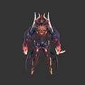 Dark Armored Mythical Creature Character With Multiple Horns Sharp Claws And Glowing Red Details