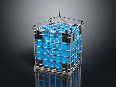 Blue Cube Container With H₂O Potable Water Label In Metal Frame And Top Hook 3d model