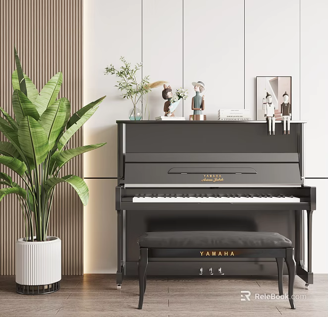 Elegant Black Piano and Wall Paintings with Green Plant Small Statues and Bench 3d model 