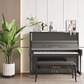 Elegant Black Piano and Wall Paintings with Green Plant Small Statues and Bench