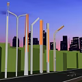 Modern Outdoor Lights Illuminating Urban Road With Trees And City Skyline