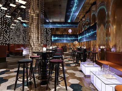Modern Bar Interior Design With Stylish Lighting Bar Counter And Comfortable Seating 3d model
