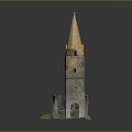 Ancient Church Ruin Model With Tall Spire Stone Structure And Grass Base
