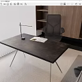 Modern Desk with Black Tabletop Metal Legs Lamp Open Book Gray Chair and Wooden Bookshelf