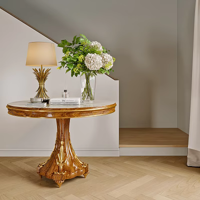 Elegant Foyer Hallway With Ornate Console Table Floral Arrangement And Lamp 3d model