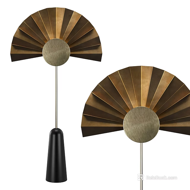 Modern Fan Shaped Floor Lamp With Golden Brown Blades And Circular Base 3d model 