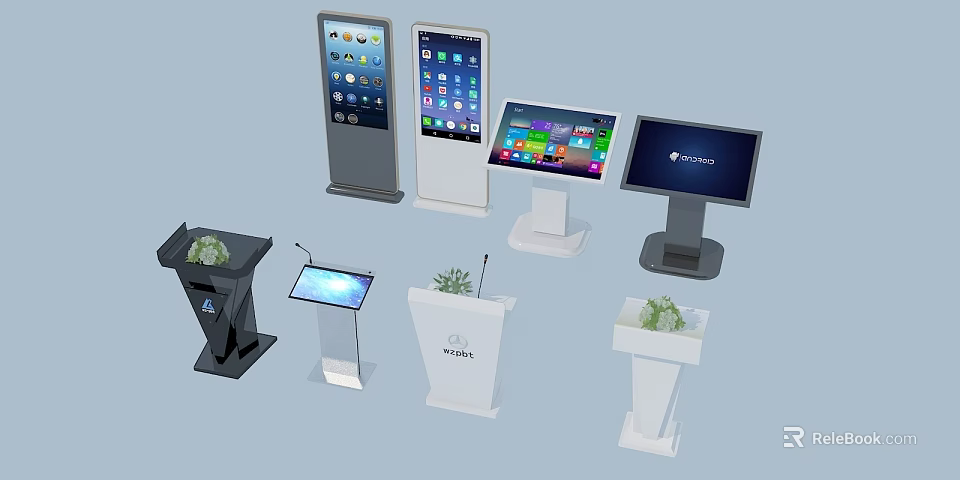 Public Facilities With Interactive Digital Information Kiosks Touchscreen Displays And Potted Plants 3d model 