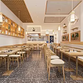 Modern Restaurant Interior With Open Layout Wooden Tables Chairs And Pendant Lights Design