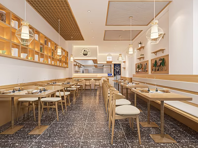 Modern Restaurant Interior With Open Layout Wooden Tables Chairs And Pendant Lights Design 3d model