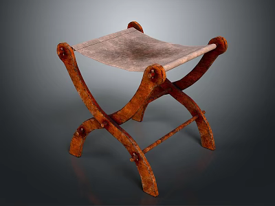 Vintage Rustic Stool with Crossed Metal Frame and Leather Seat Surface 3d model