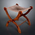 Vintage Rustic Stool with Crossed Metal Frame and Leather Seat Surface