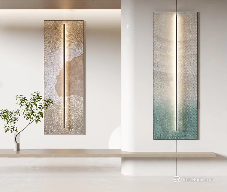 Abstract Paintings With Vertical Lighting Hanging In Modern Interior With Green Plant 3d model 