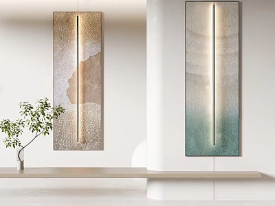 Abstract Paintings With Vertical Lighting Hanging In Modern Interior With Green Plant 3d model