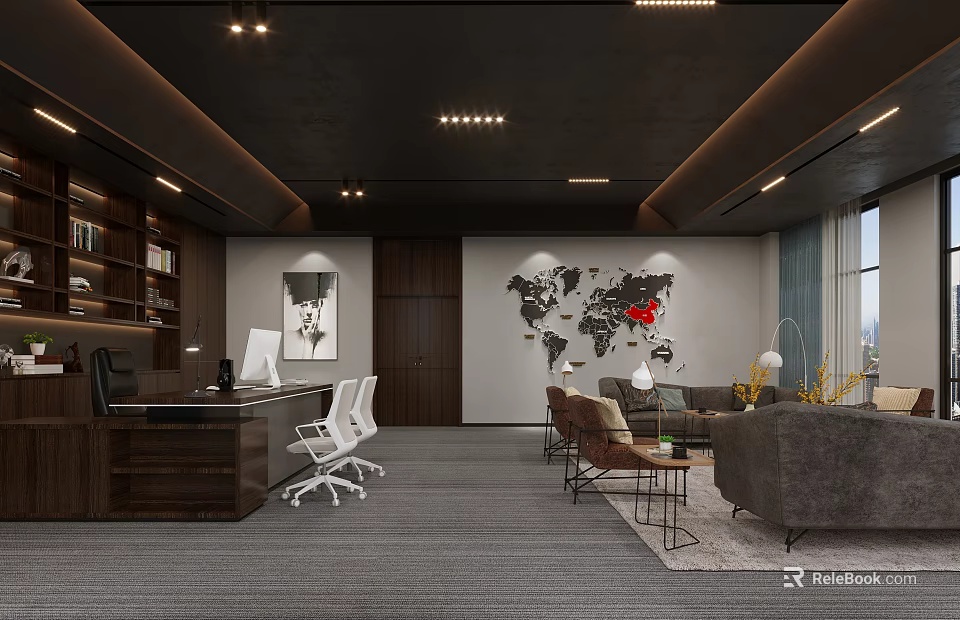 Stylish Office Interior Featuring Desk Dark Ceiling Bookshelves White Chairs World Map Decor And Sofa 3d model 