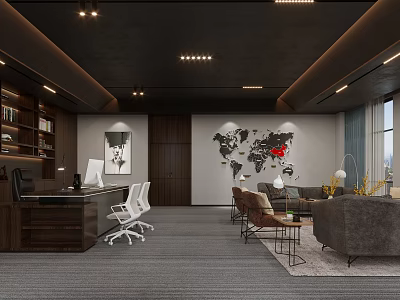Stylish Office Interior Featuring Desk Dark Ceiling Bookshelves White Chairs World Map Decor And Sofa 3d model