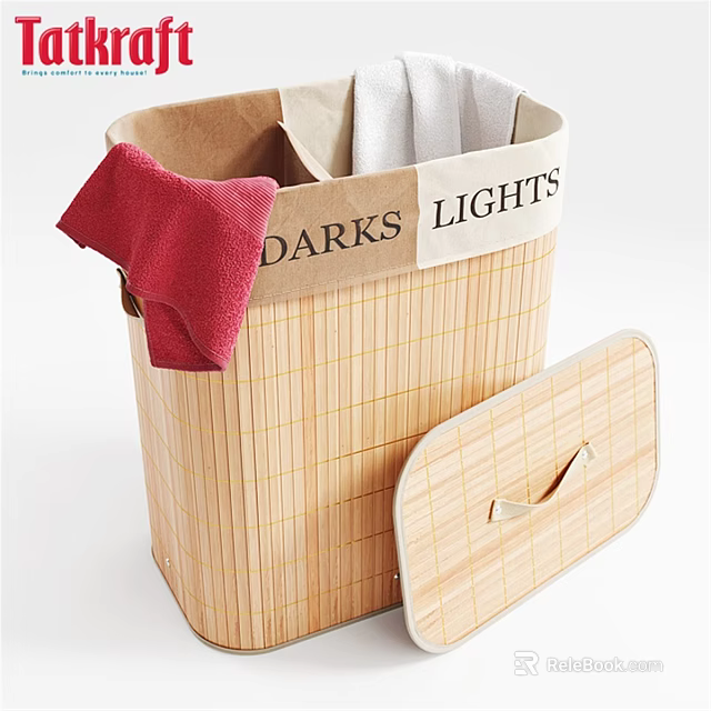 Bamboo Laundry Basket With Darks Lights Divided Sections And Lid For Daily Washing 3d model 
