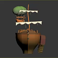 Wooden Boat with Orange Hull White Awning Green Hot Air Balloon and Wooden Wheels
