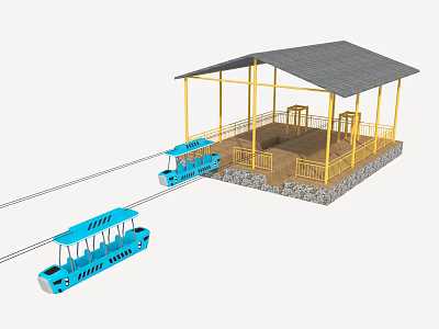 Fun Amusement Cable Car Rides With Covered Platform And Blue Track Cars 3d model