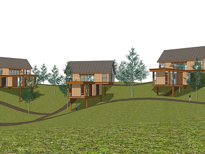 Scenic Modern Detached Villas On Green Hillside With Trees And Paths 3d model