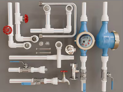 Essential Plumbing Pipe Fittings With White Pipes Blue Meters Valves And Connectors 3d model