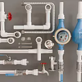 Essential Plumbing Pipe Fittings With White Pipes Blue Meters Valves And Connectors