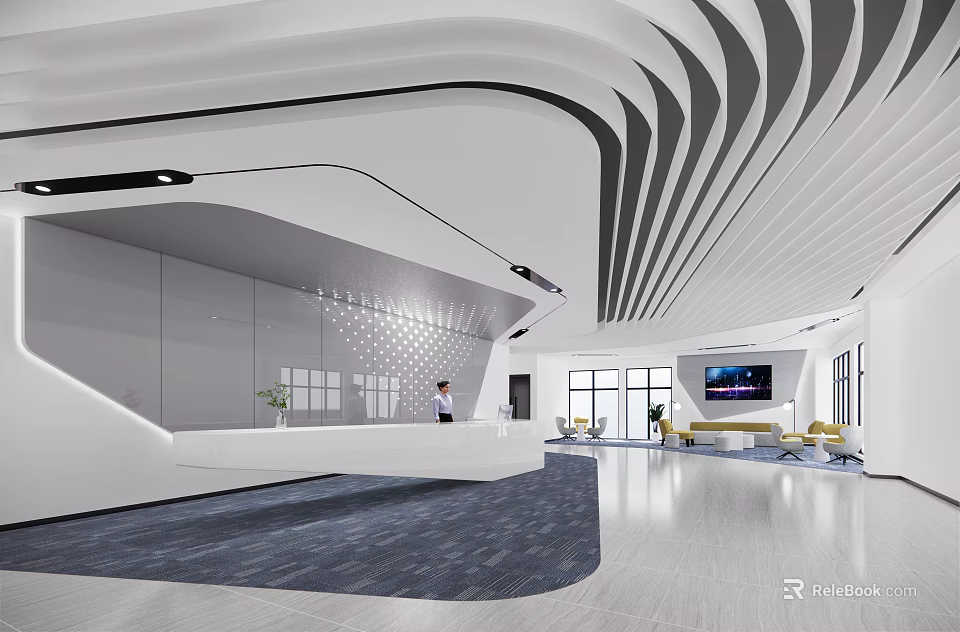 Modern Office Lobby Front Desk Reception With Curved Ceiling White Counter And Staff 3d model 