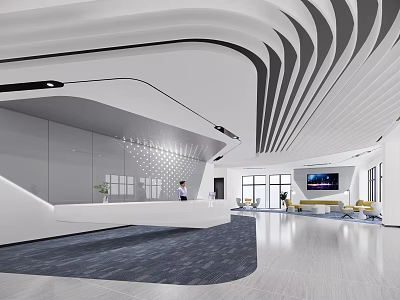 Modern Office Lobby Front Desk Reception With Curved Ceiling White Counter And Staff 3d model
