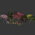 Diverse Colorful Garden Plants With Pink Red Yellow Green Trees And Shrubs